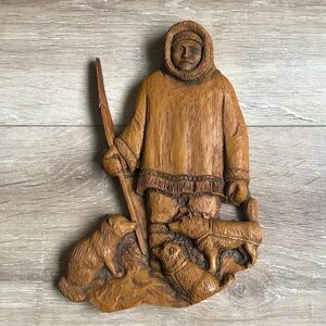 Vintage Inuit / Eskimo native with sled dogs resin wall hanging